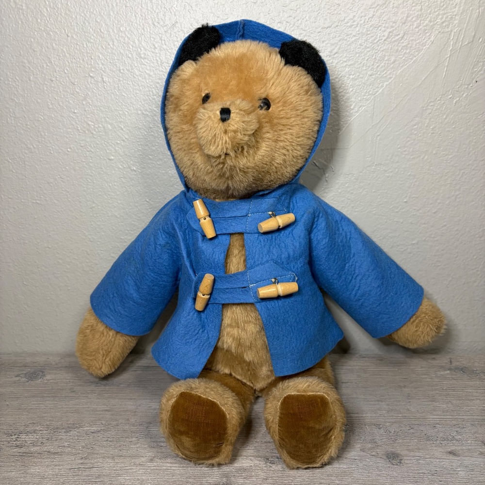 Vintage Eden Toys Paddington Bear Plush 15 Inch Blue Felt Coat Wood Toggles